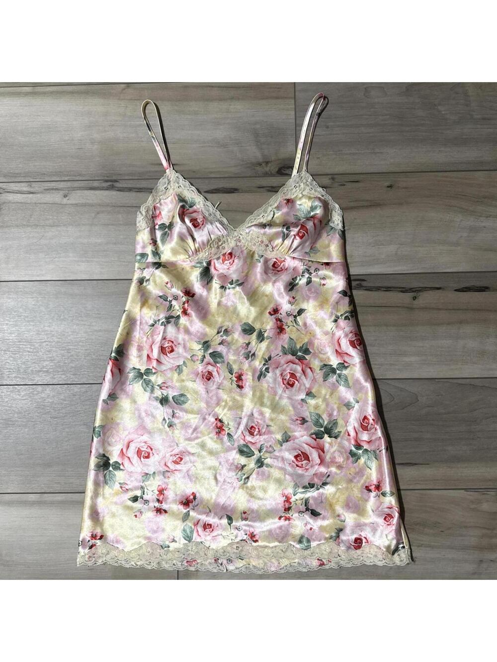 Vintage Y2K Secret Treasures Satin Floral Rose Slip Dress Lace Chemise Size M
